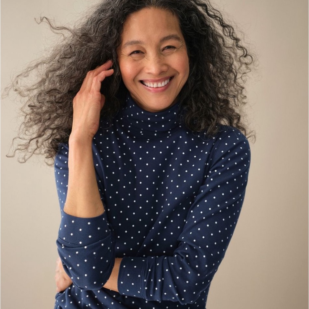 L.L. Bean Navy and White Polka Dot Turtleneck